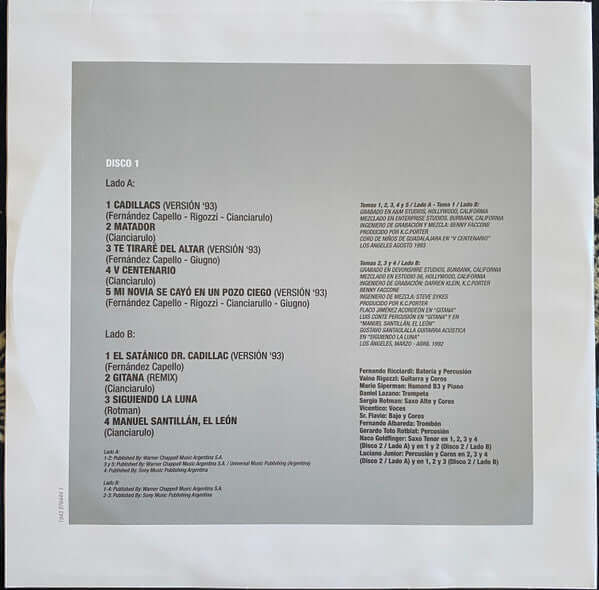 LOS FABULOSOS CADILLACS - VASOS VACIOS -2XLP - VINYL - Detalle del diseño del disco 1 con las pistas en el reverso.