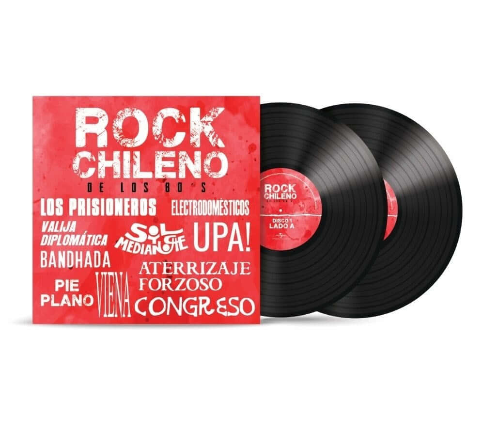 Rock Chileno años 80 vinilo con dos discos y carátula roja, incluye bandas como Los Prisioneros y Electrodomesticos